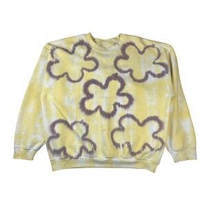 Yellow Tie Dye Floral Outline Crewneck Sweatshirt Purple Flower Graphic Pullover